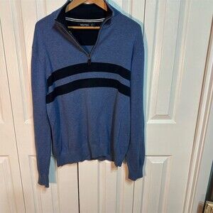 Nautica Sweater Mens Size L Blue Black Striped 1/4 Zip Mock Neck Pullover